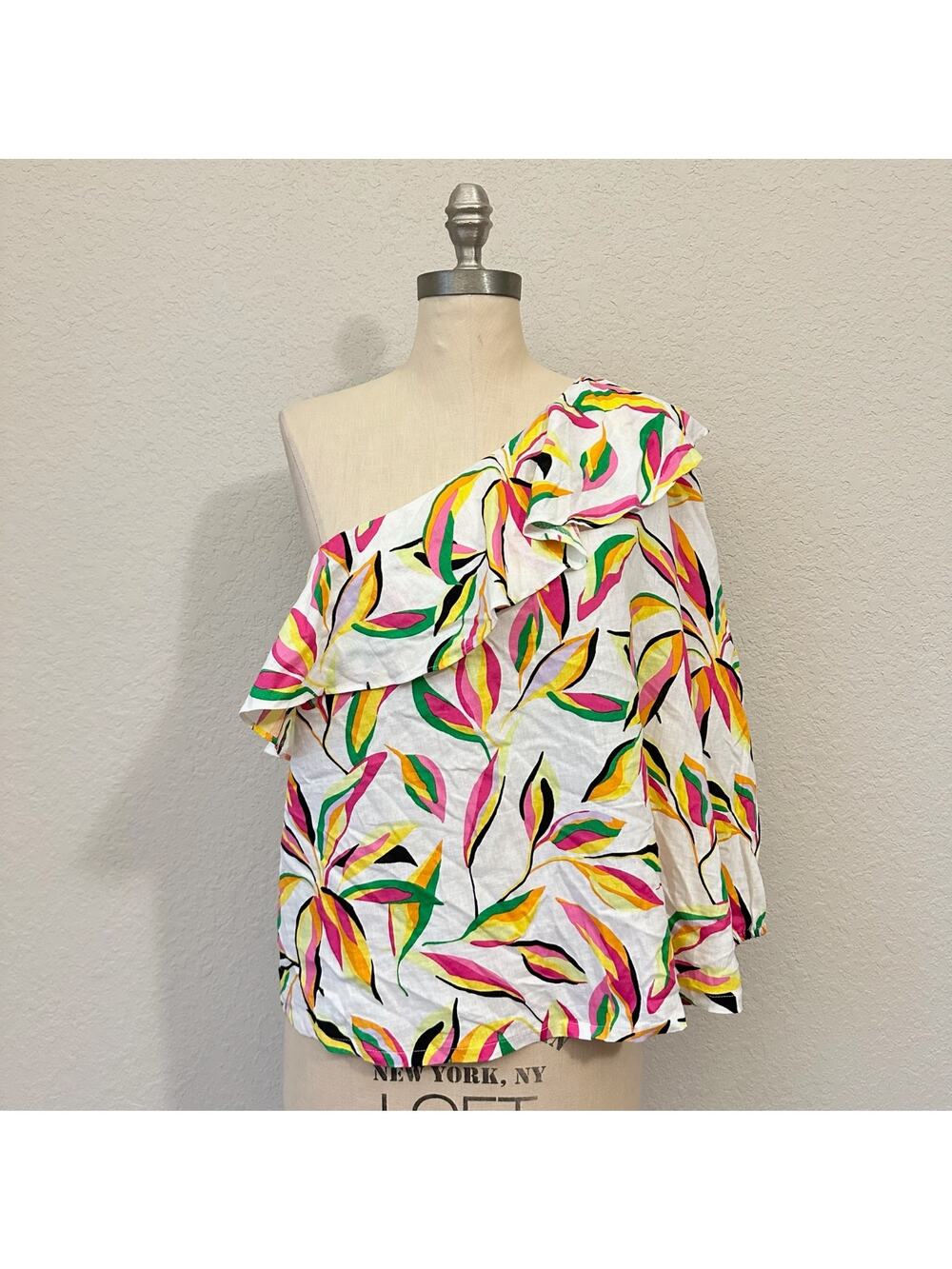 CALLIGRAPHIE Top Tropical Leaf Linen One Shoulder Ruffle Blouse NWT
